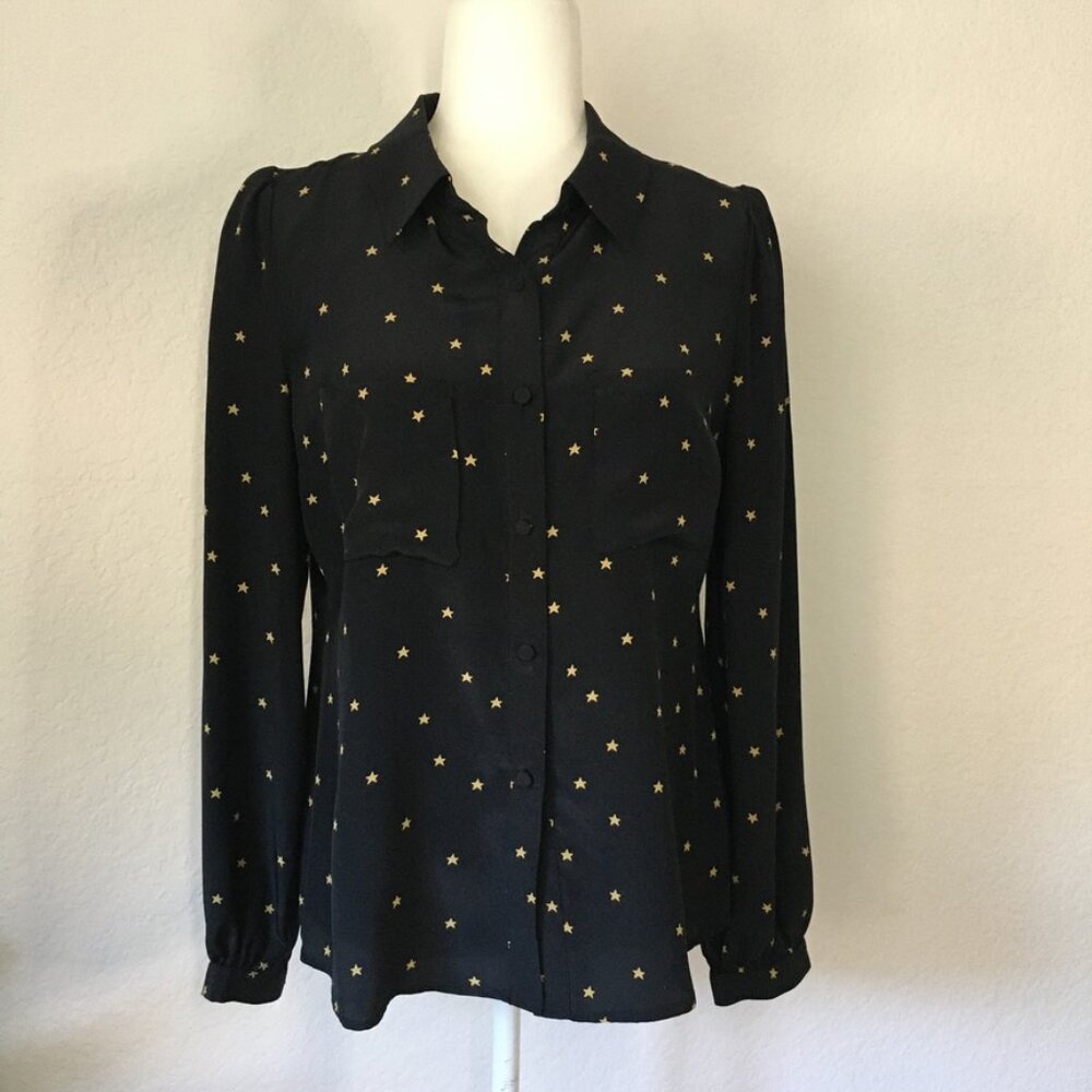 Harlyn Silk Womens Small Star Print Blouse Button Down Front Pockets V neck Back